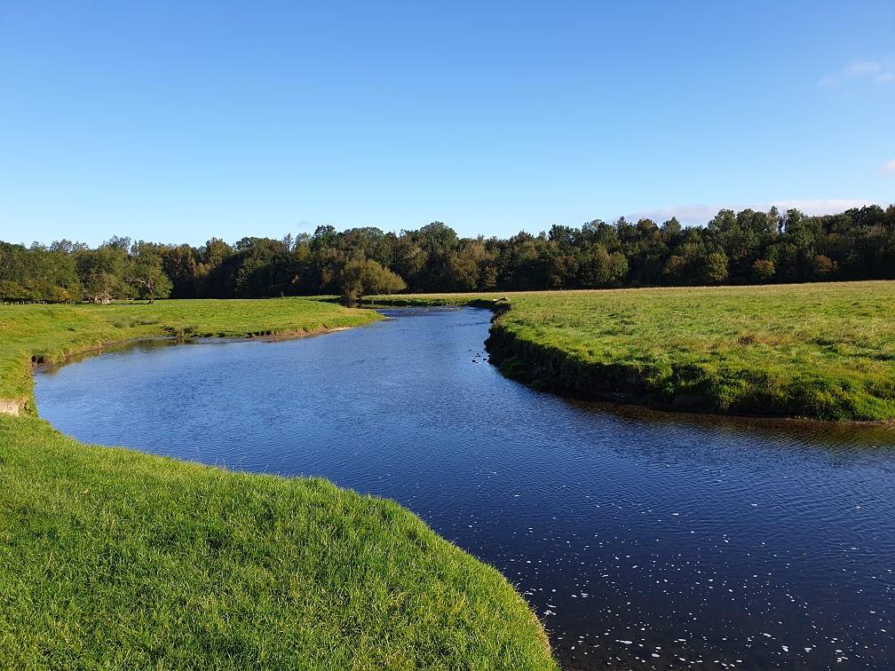 An idillic scene of the river as it meanders with a wood behind it and glorious blue skies